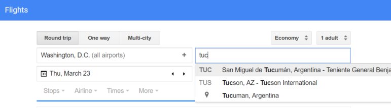 Google flights autocomplete