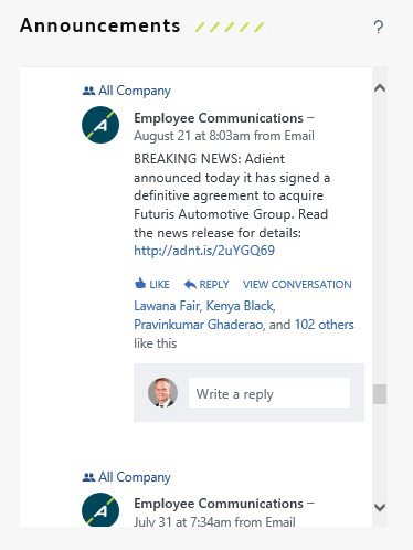 Yammer Announcements