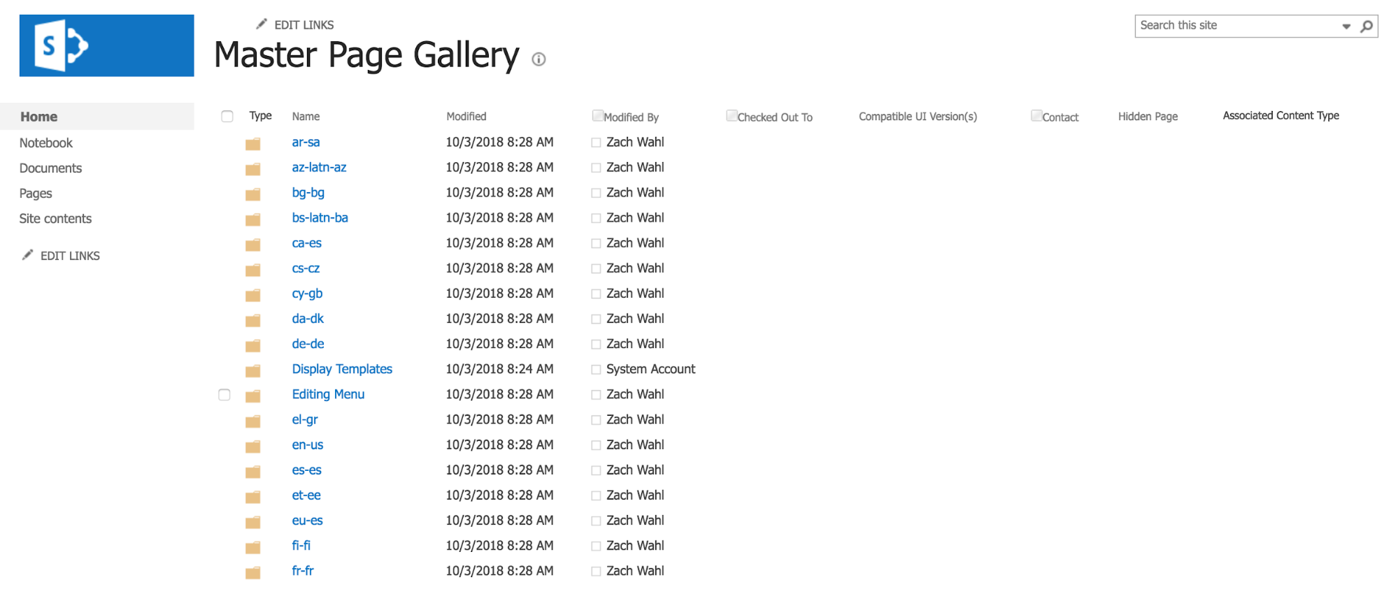 Screenshot of SharePoint Master Gallery