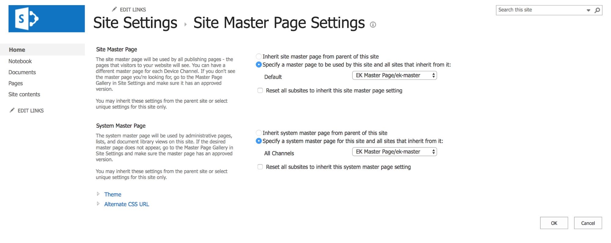 Screenshot of SharePoint: Master Site Settings