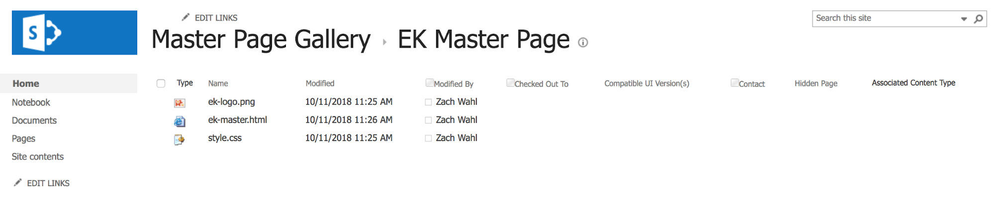 Screenshot of EK Master Page Gallery