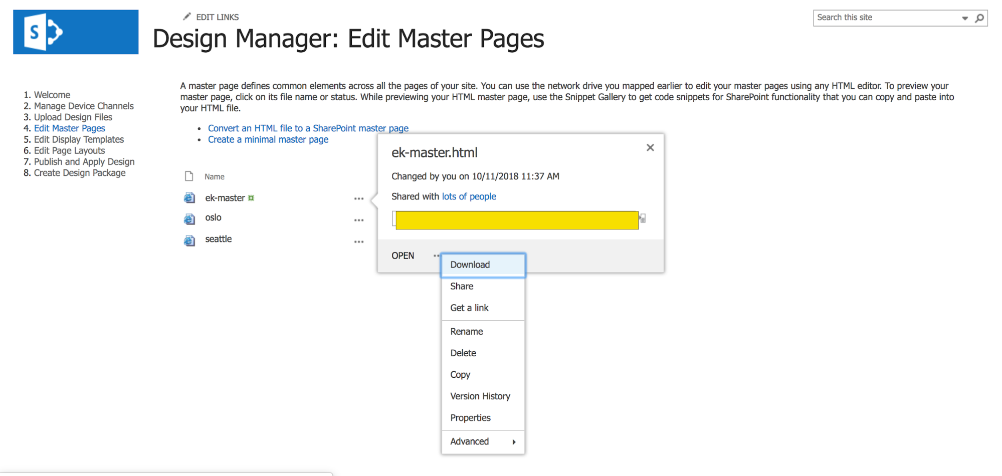 Screenshot of SharePoint Designer: Edit Master Pages