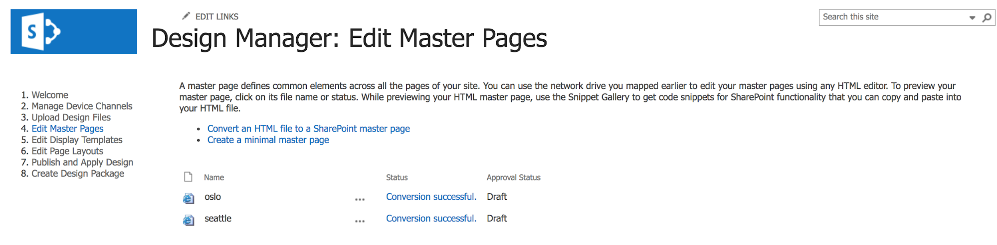 SharePoint screenshot of SharePoint Designer: Edit Master Pages 