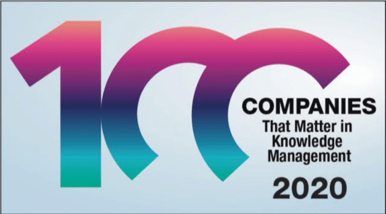 Logo for KMWorld Magazine's "100 Companies that Matter in Knowledge Management" 2020 list. 