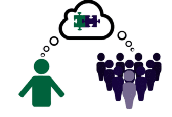 Gaining alignment between one single person and a group of people. The group of people and the single person are each contributing to the same thought bubble, showing how they are aligning on an idea.