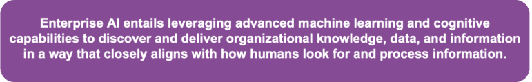 Enterprise AI entails leveraging advanced machine learning and cognitive capabilities to discover and deliver organizational knowledge, data, and information in a way that closely aligns with how humans look for and process information.