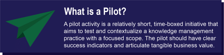  A pilot activity is a relatively short, time-boxed initiative that aims to test and contextualize a knowledge management practice with a focused scope. The pilot shoul dhave clear success indicators and articulate tangible business value.