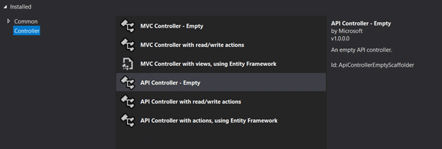 Shows the template to select is titled "API Controller - Empty."