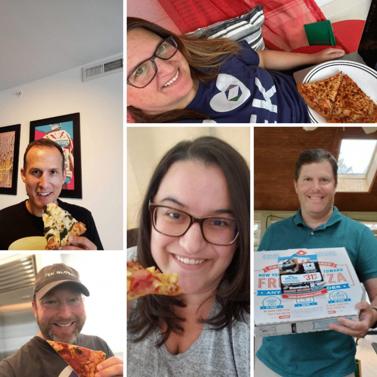 A collage of EK Rockstars eating pizza