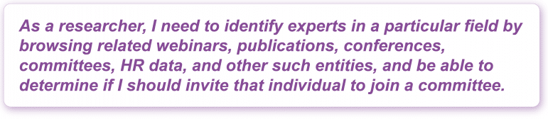 As a researcher, I need to identify experts in a particular field by browsing related webinars, publications, conferences, committees, HR data, and other such entities, and be able to determine if I should invite that individual to join a committee.