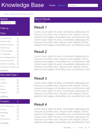 A sample search results page with filters on the left-hand side. Filters are well-designed, flat, short lists that are easy for an end user to interact with.