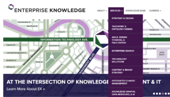 A screenshot of enterprise-knowledge.com's homepage. The cursor hovers over the Services tab, which displays a dropdown menu of subpages including Strategy & Design, Taxonomy & Ontology Design, Agile, Design Thinking & Facilitation, Enterprise, Search, Technology Solutions, and more. 