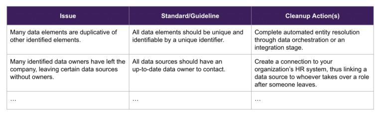 A table explaining data issues and cleanup guidelines. 