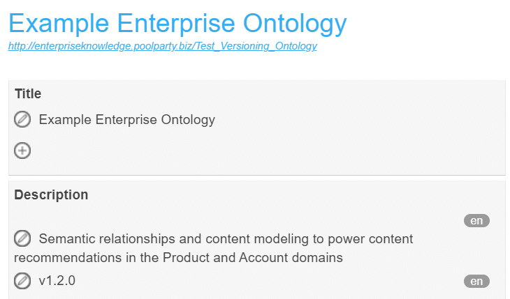 Example Enterprise ontology with Description: Semantic Relationships and content modeling to power content recommendations in the Product and Account Domains. There is a pencil icon below it that has the text "v1.2.0" next to it. 